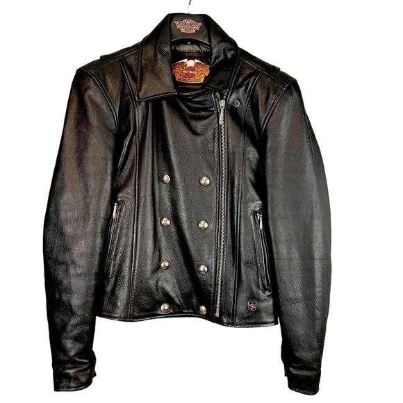 Vintage Harley Davidson Womens Motorcycle Jacket Black Leather Small Excellent - Picture 1 of 15